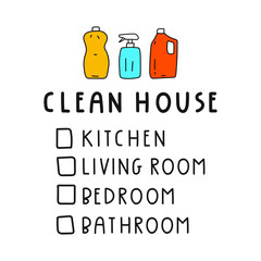 Clean house checklist: kitchen, living room, bedroom, bathroom. Vector illustration.