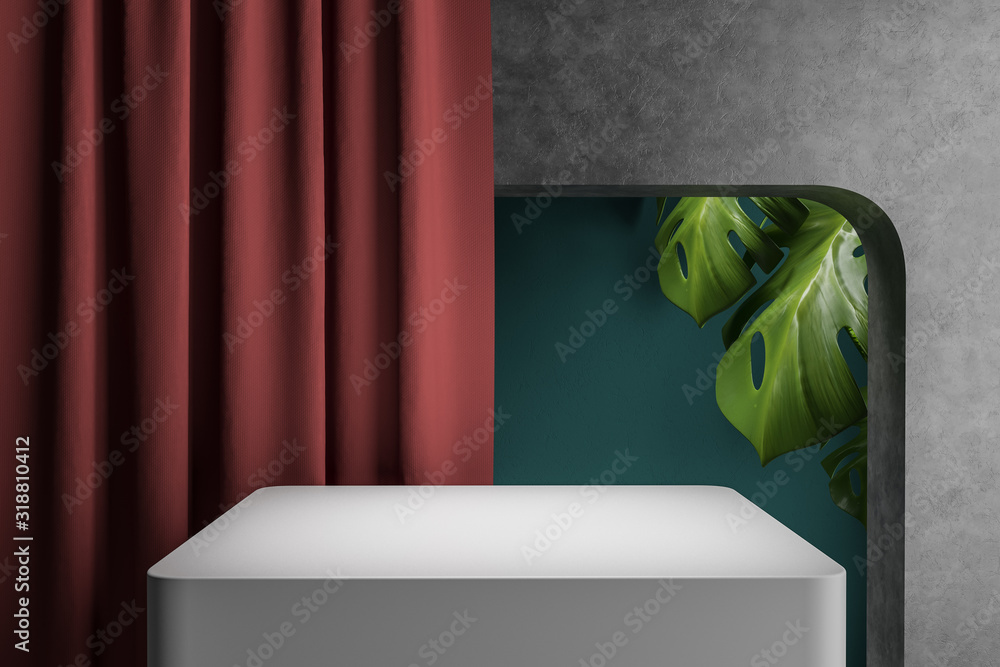 Aufkleber white square scene with tropical plants and a red curtain in the background. podium for the presenta