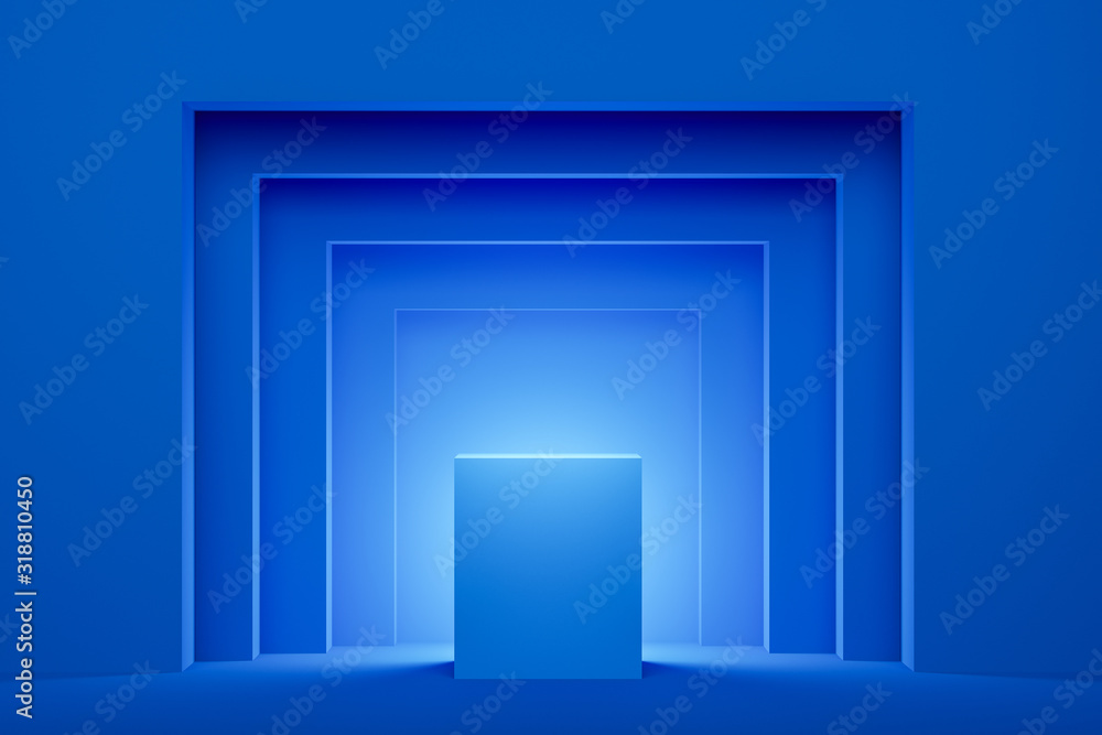 Aufkleber empty space on a pedestal on a blue square background. the concept of a modern storefront. mock up. 