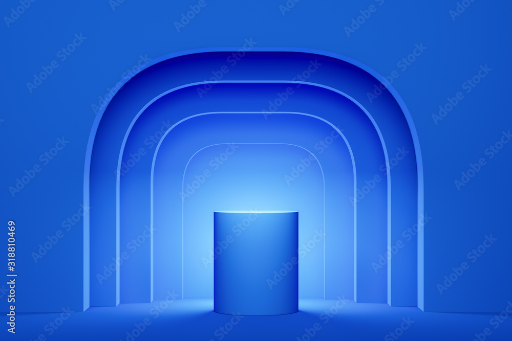 Poster empty space on a pedestal on blue round backgrounds. the concept of advertising. mock up. 3d renderi