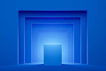 Empty space on a pedestal on a blue square background. The concept of a modern storefront. Mock up. 3d rendering
