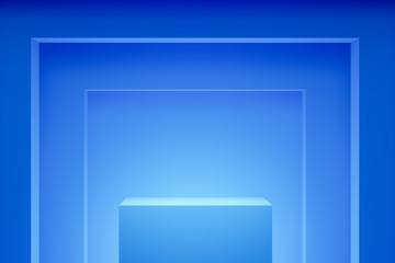 Showcase with blank space on a pedestal on a blue square background. Close-up. Mock up. 3d rendering