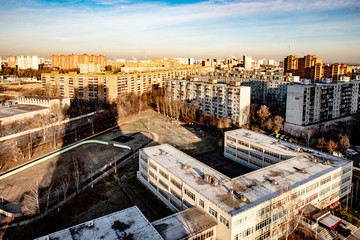 Fototapeta na wymiar panorama of modern residential quarters in new places in Moscow on an autumn day