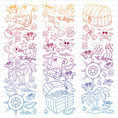 Vector set with pirate elements for birthday party for little children. Kids pattern with octopus, beach, treasure chest, ship