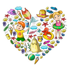 Vector pattern with little chilren. Family summer vacations. Beach, ocean, island, sun. Kids play. Swimming and relaxation.