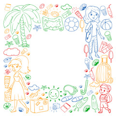 Vector pattern. Summer vacations. Little children. Happy family with kids. Travel and adventures. Beach, ocean, island, sun