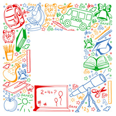 Vector pattern with school icons. Back to school. Geography, geometry, mathematics, physics, chemistry, astronomy. Background for children.