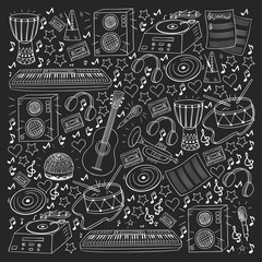 Vector pattern with musical intstruments. Rock, jazz, disco, karaoke. Modern and classic music. Doodle style icons.