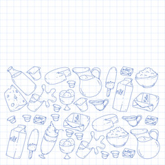 Milk, butter, cottage cheese, sour cream, cheese, yogurt, ice cream, cream. Vector pattern. Collection of dairy products.