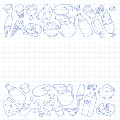 Milk, butter, cottage cheese, sour cream, cheese, yogurt, ice cream, cream. Vector pattern. Collection of dairy products.