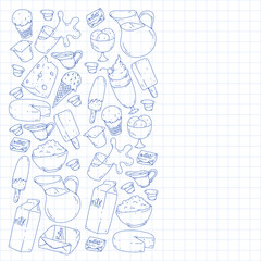 Milk, butter, cottage cheese, sour cream, cheese, yogurt, ice cream, cream. Vector pattern. Collection of dairy products.