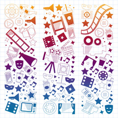 Vector pattern with cinema icons. Movie Theater, TV, popcorn, video clips, musical