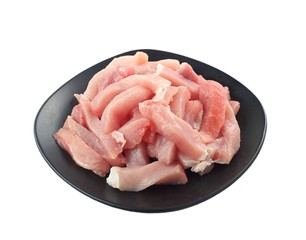 Dish of raw sirloin pork isolated on white background