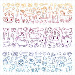 Fototapeta premium Children pattern with fairy tale unicors for kids clothes, posters, banners, shirts. Vector image with cartoon character.