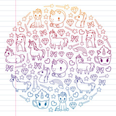 Children pattern with fairy tale unicors for kids clothes, posters, banners, shirts. Vector image with cartoon character.