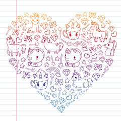 Children pattern with fairy tale unicors for kids clothes, posters, banners, shirts. Vector image with cartoon character.