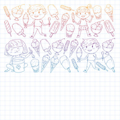 Little children eating ice cream. Summer vacation. Sweet fruit desert.