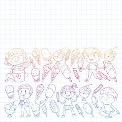 Little children eating ice cream. Summer vacation. Sweet fruit desert.