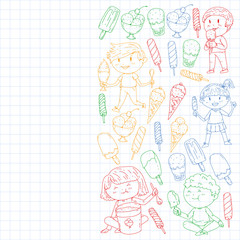 Fototapeta premium Little children eating ice cream. Summer vacation. Sweet fruit desert.