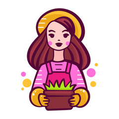 Gardener cute young woman, smiling girl in hat with a plant pot. Stock vector illustration design for logo and icon.