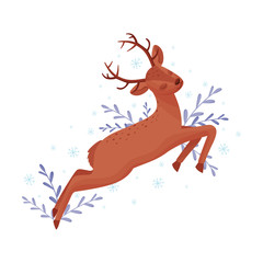 Cute Deer Animal Jumping and Skipping in Winter Forest with Closed Eyes Vector Illustration