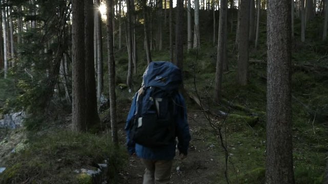 Slow motion shot of two friends hiking in the forest, Bavaria, Germany
