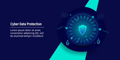 Data protection, cyber security, secured information and network communication, with shield, blue backgrund web banner, futuristic design concept.