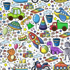 Baby toy set. Vector flat style cartoon illustration. Wooden and plastic toys, fun and activity. Kindergarten, nursery.