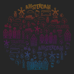 Vector pattern with Holland, Netherlands, Amsterdam icons. Doodle style.