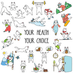  Your Health Your Choice. Set of healthy lifestyle stickers. Doodle illustration of funny cats enjoying physical activity and healhy food. Vector 8 EPS.