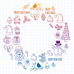 Christmas element in doodle kids drawing style. Vector pattern.