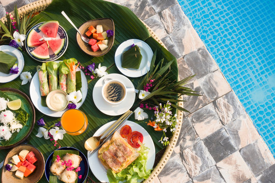 Floating foods for holiday vacation trend for hipster tourist who are travel at the Hotel.
