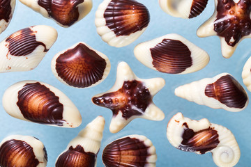 Beautiful chocolate shells, milk chocolate with nut filling, chocolate sweets close-up