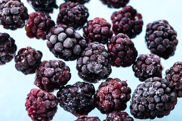 Blackberries frozen in the freezer, natural berries in winter