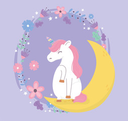 unicorn sitting on moon with flowers fantasy magic cute cartoon