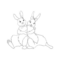 Cute hugging rabbits, hares. Symbol of love, romance. Contour illustration for Valentine's Day, Easter, coloring book, greeting card, web. Doodle hand drawn