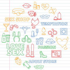 Vector set with sex shop icons. Erotic fetish games background.