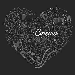 Vector pattern with cinema icons. Movie Theater, TV, popcorn, video clips, musical