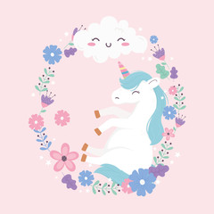 unicorn with frame flowers cloud fantasy magic dream cute cartoon