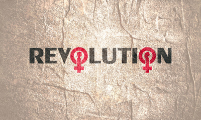 Female sign icon in revolution text. Silhouette of woman head