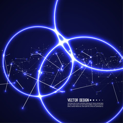 Vector abstract background with overlapping circles and dots. Chaotic motion. Round banner with empty space for text. Node molecule structure. Science and connection concept.