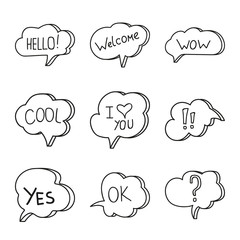 Vector set of hand drawn speech bubbles. Doodle style speaking bubbles isolated on white background. Black and white stickers with emotional phrases.