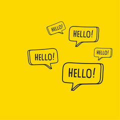 Vector set of hand drawn speech bubbles. Doodle style stickers with the phrase hello.