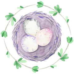 Watercolor spring nest with eggs, wreath. Easter composition, garden frame. Willow branch, spring flowers, greenery. Spring season illustration, spring background, garden. Happy Easter. 
