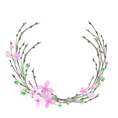Watercolor spring wreath. Easter composition, garden frame. Willow branch, spring flowers, spring greenery, nest. Spring season illustration, spring background, garden. Happy Easter.	