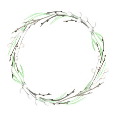 Watercolor spring wreath. Easter composition, garden frame. Willow branch, spring flowers, spring greenery, nest. Spring season illustration, spring background, garden. Happy Easter. 