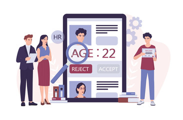 Recruitment ageism concept. HR specialist reject an old man cv.