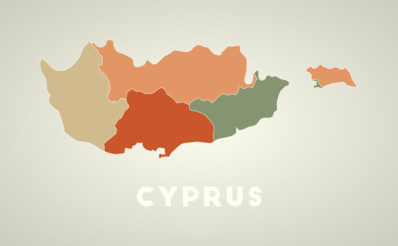 Cyprus poster in retro style. Map of the country with regions in autumn color palette. Shape of Cyprus with country name. Amazing vector illustration.