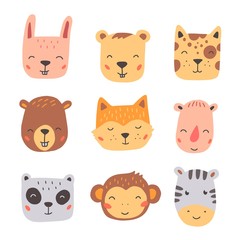 Set of cute wild animals faces, bear, monkey, panda, rabbit, fox. Isolated vector illustration animals for baby, kids, child project design. Hand drawn cute style.