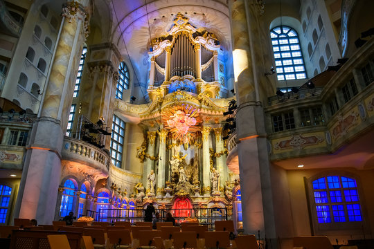 Interior of baroque lutheran Frauenkirche church or Church of Our Lady in Dresden, Germany. November 2019